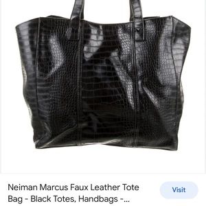 Neiman Marcus Lined Faux Tote Leather Open Foldable Shopper Bag 2 Handles Black